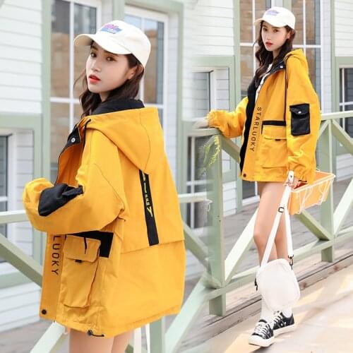 Korean Version Casual Pocket Jacket Female 2019 New Autumn Letter Slim Loose Zippers Hooded Long-sleeve Coat Womens Clothing