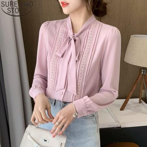 2021 Autumn Bow Lace Chiffon Blouses Long Sleeve Office Lady Top Women Fashion Ribbon Splice Folded Loose Shirt Women 16629