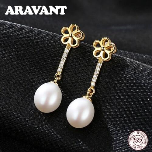 100% 925 Sterling Silver Pave Cubic Zirconia Gold Color Flower Pearl Long Drop Earrings For Women Fashion Party Wedding Jewelry