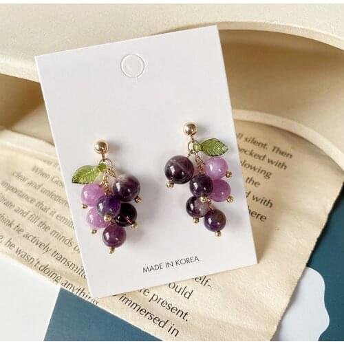 AOMU Vintage Purple Crystal Grape Leaf Earrings Sweet Reflective Smooth Irregular Geometric Ball Fruit Drop Earrings for Women