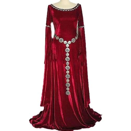 Adult Lady Medieval Horror Evil Priestess Pagan Witch Costume Long Blue Gown Robe Red Maxi Trained Dress Velvet Outfit For Women