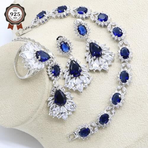 Blue Cubic Zirconia Silver Color Bridal Jewelry Sets Earring For Women Pendant Necklace Ring Bracelet Free Gift Box