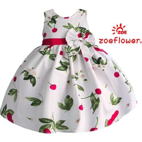 Zoeflower New Summer Girls Cute Berry Printed Bowknot Sashes O-neck Sleeveless Cotton Woven Princess Quality long Vest Dresses