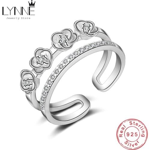 New Romantic Rose Flower 925 Sterling Silver Rings Resizable Rhinestone Lucky Clover Double Layers Ring For Women Jewelry Gift