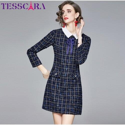 TESSCARA Women Autumn & Winter Elegant Wool Blend Dress Festa High Quality Vintage Cocktail Party Robe Femme Designer Vestidos