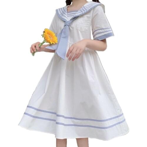 2021 Spring Summer Japanese Style Women Mini Dress Sailor Collar Short Sleeve Lolita Navy Tie Dresses JK A-Line Sashes Sundress