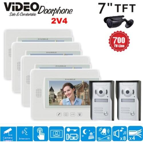 ZHUDELE 7 Inch Video Door Phone Intercom Video Eye 4 Indoor Monitor+2 700TVL HD Doorbell Camera Video Doorbell System