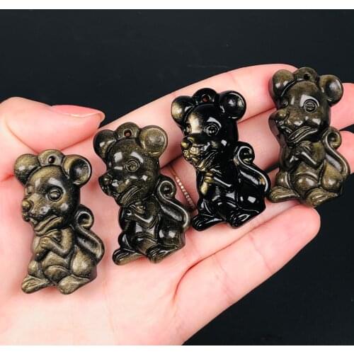 Golden Obsidian Mouse Pendant Necklace Jewelery Natural Stone Lovely Women Transfer Lucky Crystal