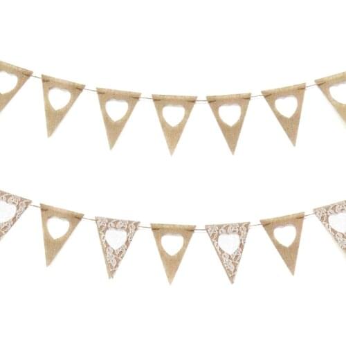 1pc Burlap Banner Hollow Heart Shape 13 Pennants Lace Bunting Flags Vintage Jute Hessian Wedding Birthday Party Hanging Decor