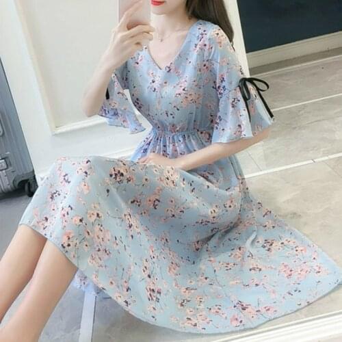 2021 New Floral Chiffon Maxi Dress Summer Slim Elegant V-neck Flare Sleeve Women Dresses