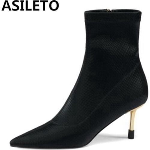 ASILETO 2021 New Fashion Sexy Zipper Lady Super Stretch Fiber Stiletto High Heel Womens Ankle Boots Pointed Toe Autumn Winter