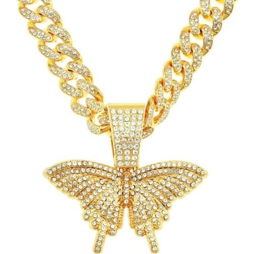 Hip Hop Rhinestones Paved Bling Iced Out Cuban Link Chain Butterfly Pendants Necklace for Men Women Rapper Jewelry