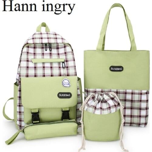 HANN INGRY 2021 Fashion 4-Piece Set Teenagers Boy & Girl Laptop Splicing Backpack Durable High-Quality Canvas School Bag H262D