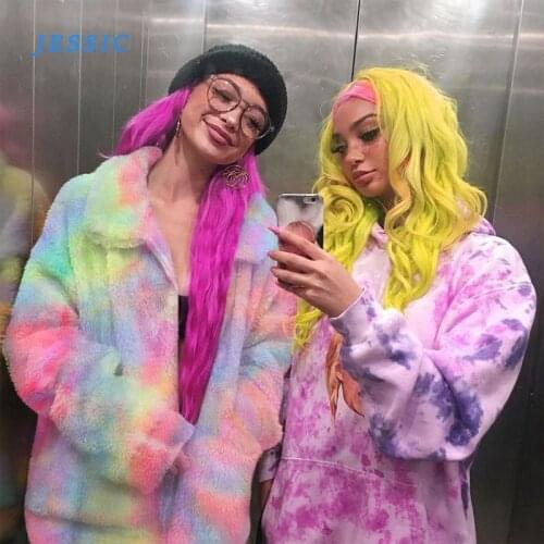 JESSIC Winter Tie Dye Pink Faux Fur Coat Women Casual Loose Furry Teddy Bear Jacket Thick Warm Soft Overcoat Autumn