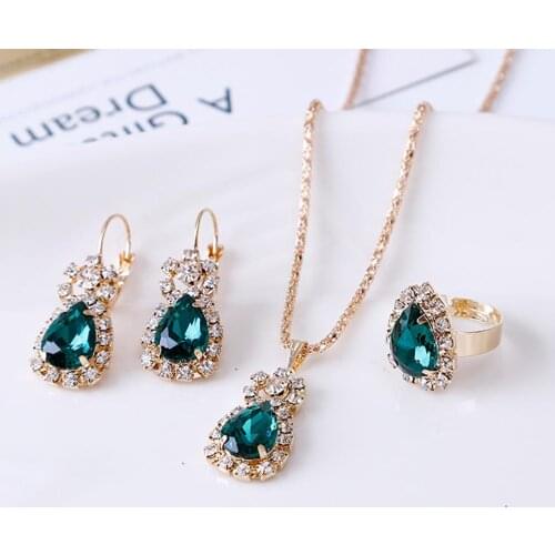 Fashion Waterdrop Shiny Rhinestones Necklace Ring Earrings Women Jewelry Set