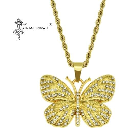 New Fully Iced Out Crystal Pave Butterfly Pendant Necklace Cubic Zircon 3D Butterfly Pendant Necklace Fashion Hip-Hop Jewelry