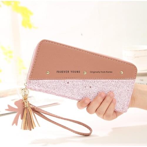 New Womens Wallet Long Zipper Gold Powder Female Student Splicing Contrast Tassel Versatile Rivet Mobile Phone Bag