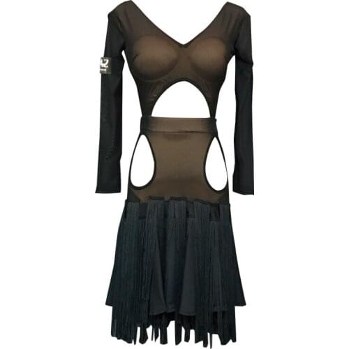 Fringe Latin Dance Dress Lady Mesh Stage Costume Ballroom Dance Outfit Black Practice Wear Designer Clothes Tap Dancewear JL2506