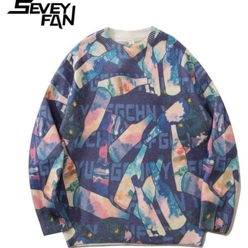 SEVEYFAN Mens Full Seal Bottle Graffiti Sweater Fashion Loose O Neck Knitwear New Autumn Pullover Sweaters for Couples