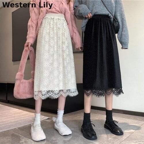 High Waist Women Lace Skirts Korean Cute Elegant Office A-line Skirt Female Lady Midi Skirt For Women Skirts