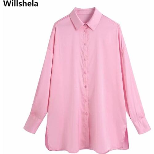 2021 Women Fashion Single Breasted Solid Side Slit Shirt Long Sleeves Lapel Neck Vintage Female Blouse Chic Tops haut femme