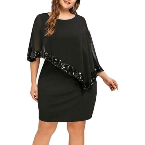 Plus Size Sexy Milk Silk Party Women Irregular Cape Solid Color Sequin Decor Bodycon Midi Dress Summer 2021