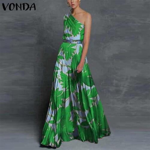 One Shoulder Dress Women Zippe Floral Print Party Long Maxi Dresses 2021 VONDA Summer Beach Sundress Baggy Vestido