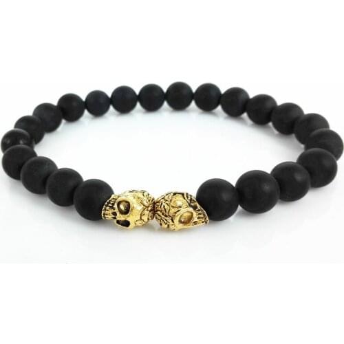 1Pc New Design Jewelry Bracelets 8mm Matte Black Nature Beads Double Gold-color Skull Bracelets Stretch Bracelet