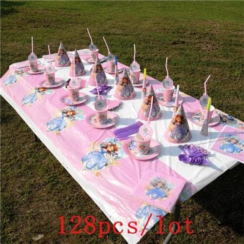 128Pcs/Lot Disney Princess Sofia Theme Design Pink Cups+Plates Birthday Party Decoration Cute Tableware For Family Party Supply