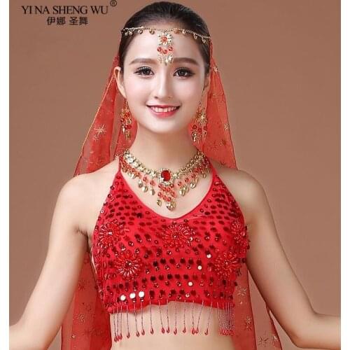 Belly Danncw Halter Bra Top with Sequins Tassel BandaLatin Belly Dance Costume Performance Sexy Indian Clothing Top