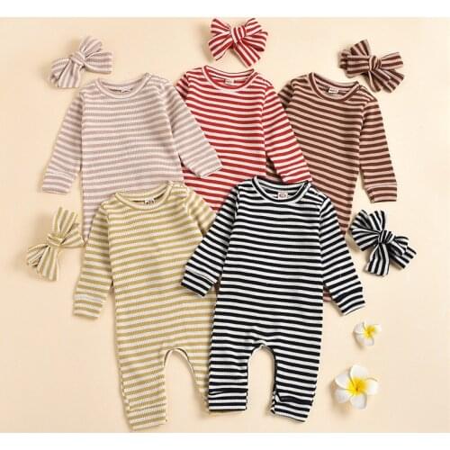 Newborn Baby Kids Cotton Romper for Girls Boys Clothing 2021 New Childrens Striped One-piece Jumpsuit send Headband