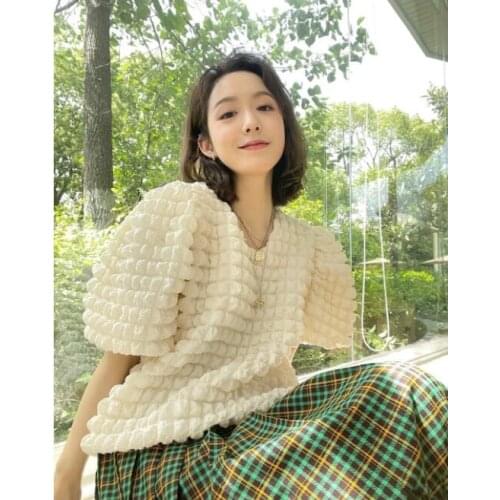 Ins Bubble Case Puff Sleeves Design Solid Color Crew Neck Cute Sweet Casual Short Sleeve 2021 summer womens T-Shirt Top G Gril