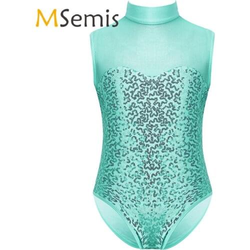 MSemis Toddler Girls Gymnastics Leotard Bodysuit Jumpsuit Children Shiny Sequins Sleeveless Tulle Splice Ballet Dance Costumes