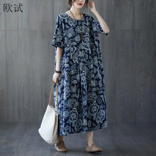 Oversized Floral Summer Long Dress Cotton Linen Vintage Ladies Dresses for Women 2021 Oversize Casual Woman Dress