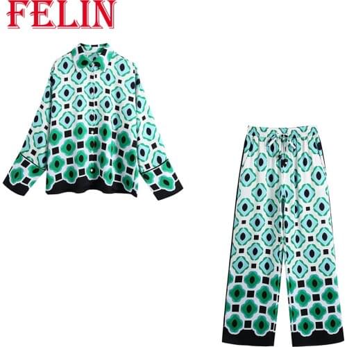 FELIN Za Boho Fashion 2021 Women Sets 2 Pieces Summer Oversized Beach Shirts Women Long Sleeve and High Waist Wide Leg Pants