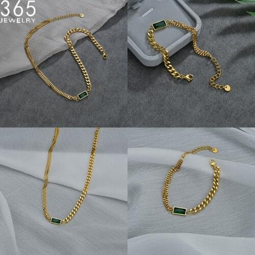 New Fashion Green Stone Necklace Bracelet Suit Specifically High Quality Gold Stainless Steel Winter Christmas Gift For Girls