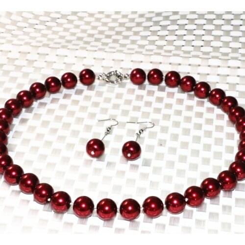 Original design fashion 12mm dark red imitation pearl shell round beads necklace earrings weddings party jewelry set 18inchB2336
