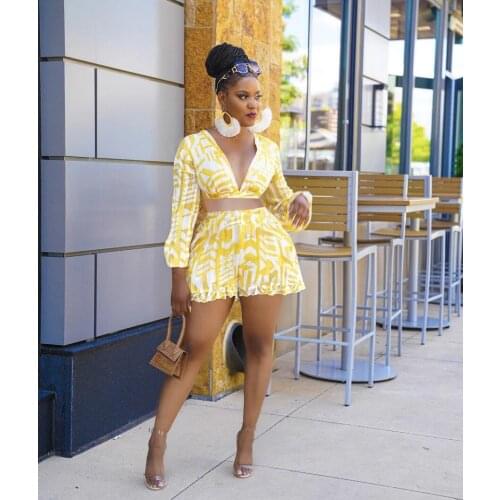 RMSFE 2021 Sexy Casual Long Sleeve Deep V Back Strap Clothes+ Elastic Belt Chic Printed Ear-trimmed Shorts 2 Piece Womens Set