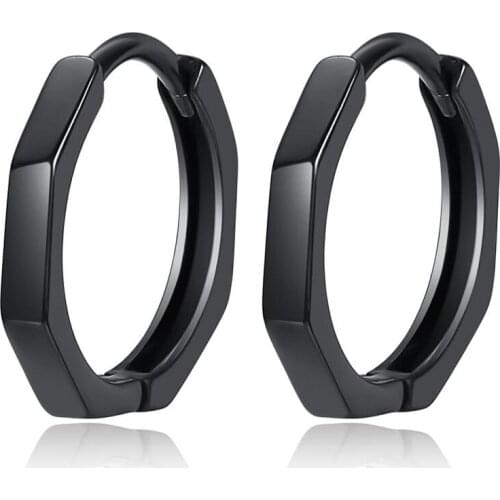 Korean Simple Black Huggie Hexagon 925 Sterling Silver Hoop Earrings For Women Men Unisex Charms Trendy Designer Luxury Jewelry