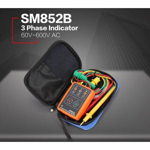 SM852B 3 Phase Rotation Tester Digital Phase Indicator Detector LED Buzzer Phase Sequence Meter Voltage Tester 60V~600V AC