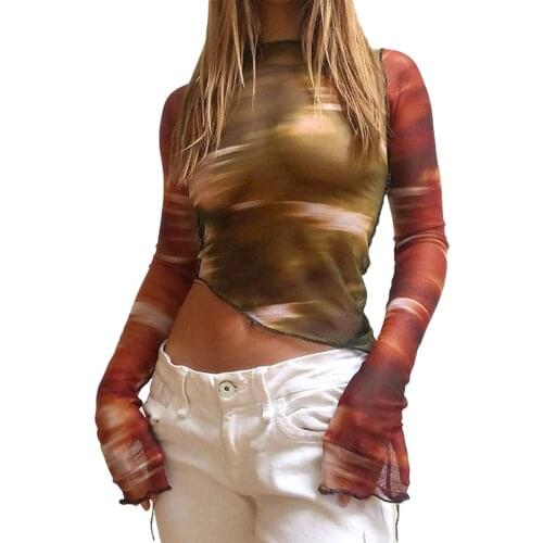 Womens Abstract Printed Tops, Long Sleeve Asymmetrical Hem Slim Fitting T-Shirts 2021 New Fashion