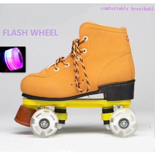 Yellow Suede Leather Double Row Skates Flash Roller Skates for Skating Rink Patines de 4 ruedas
