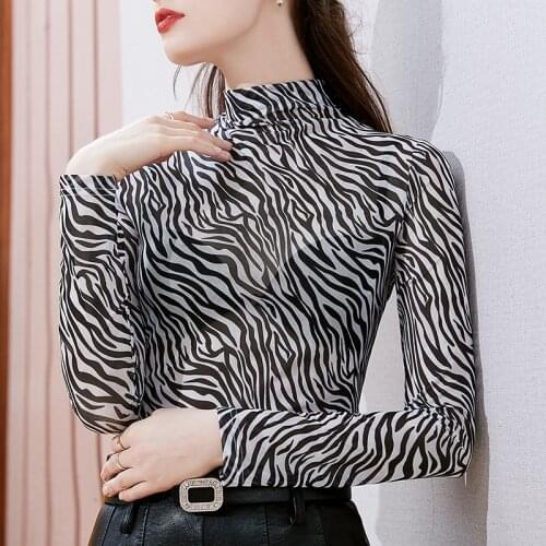 Turtleneck Mesh Bottoming Shirt New 2021 Spring Long Sleeve Women T-Shirt Zebra Pattern Thin Stretch Tight Tops Blusas