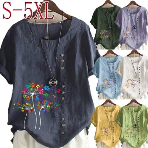 Womens New Fashion O-neck Paw Dandelion Printed Short Sleeve Tops Loose Linen T-Shirt Casual Blouse S-5XL
