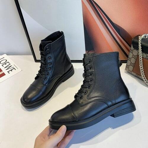 QZYERAI Genuine Cowhide Martin Boots Women Thick-Soled Flat Heel 2020 Fall British Style Round Ankle Boots Women