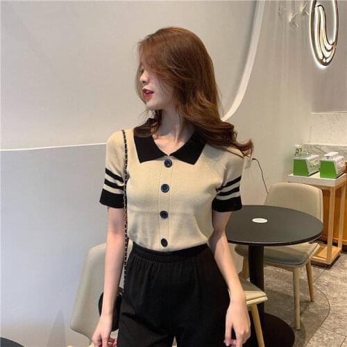 Woman TShirts Summer Lapel Polo Blouse T-shirt Short Sleeve Striped Knitwear T-shirt Top Womens Crop Top Mujer Camisetas