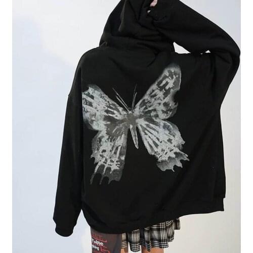 Zip-up women korean style hoodies Womens Hip Hop Streetwear Hoodies Womens Jacket Butterfly Print Y2K Hip Hop grunge clothes