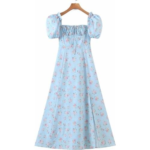 YENKYE Summer Women Sweet Floral Print Sexy Slits Long Maxi Dress Elegant Ladies Puff Sleeve A-line Holiday Party Dresses