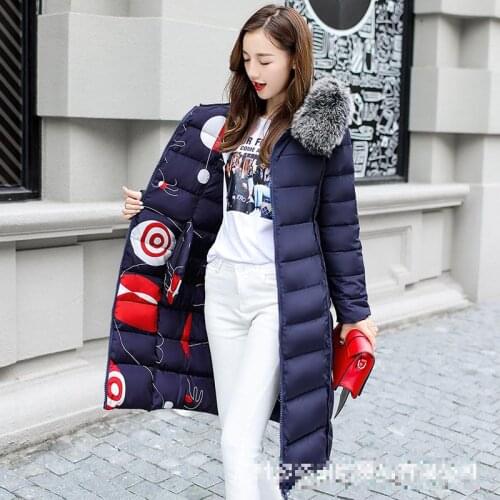 Zuolunouba Winter Women Casual Cotton Clothes Print Harajuku Geometry Long Coat Loose Slim Harajuku Fur Collar Keep Warm Female