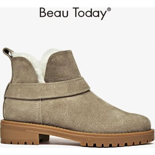 Snow Boots Suede Leather Women Platform Round Toe Warm Wool Female Winter Ankle Boots Handmade BeauToday 03280